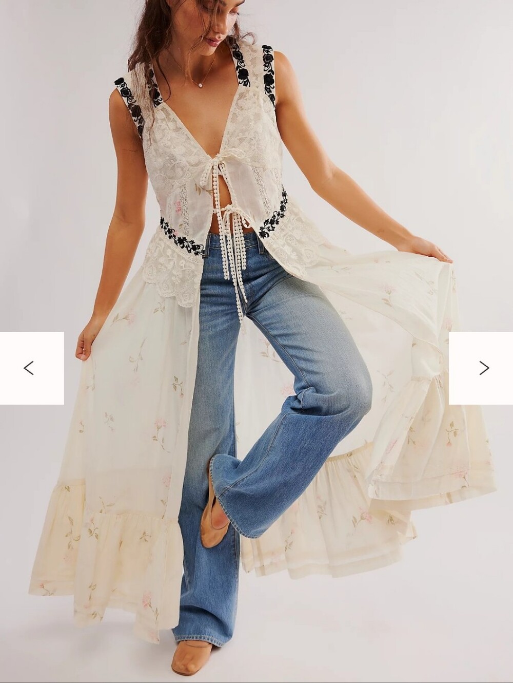 Free People STAY A WHILE LONGER Maxi Top Embroidered Lace Vest Duster